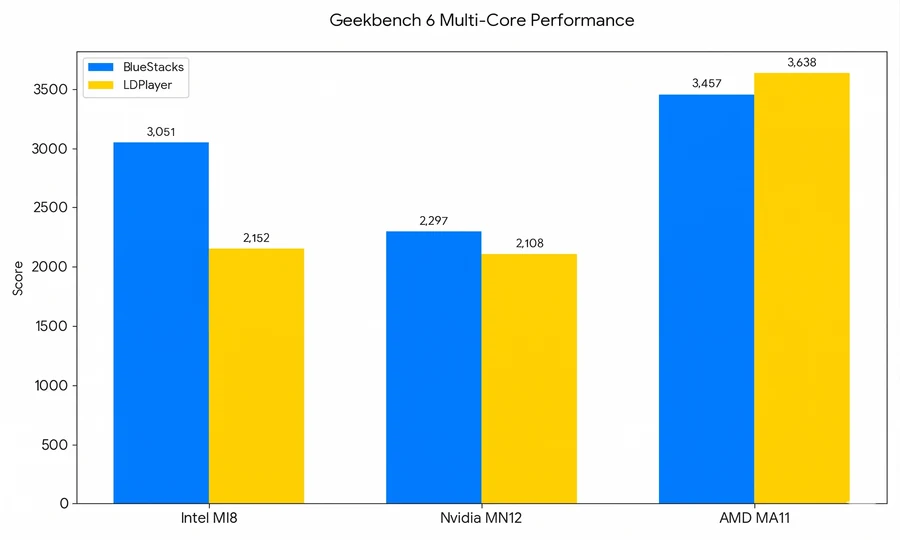 BlueStacks 5 and LDPlayer 9 Geekbench 6 multi-core comparison