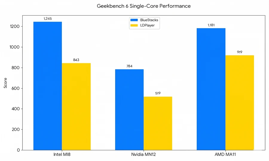 BlueStacks 5 and LDPlayer 9 Geekbench 6 single-core comparison