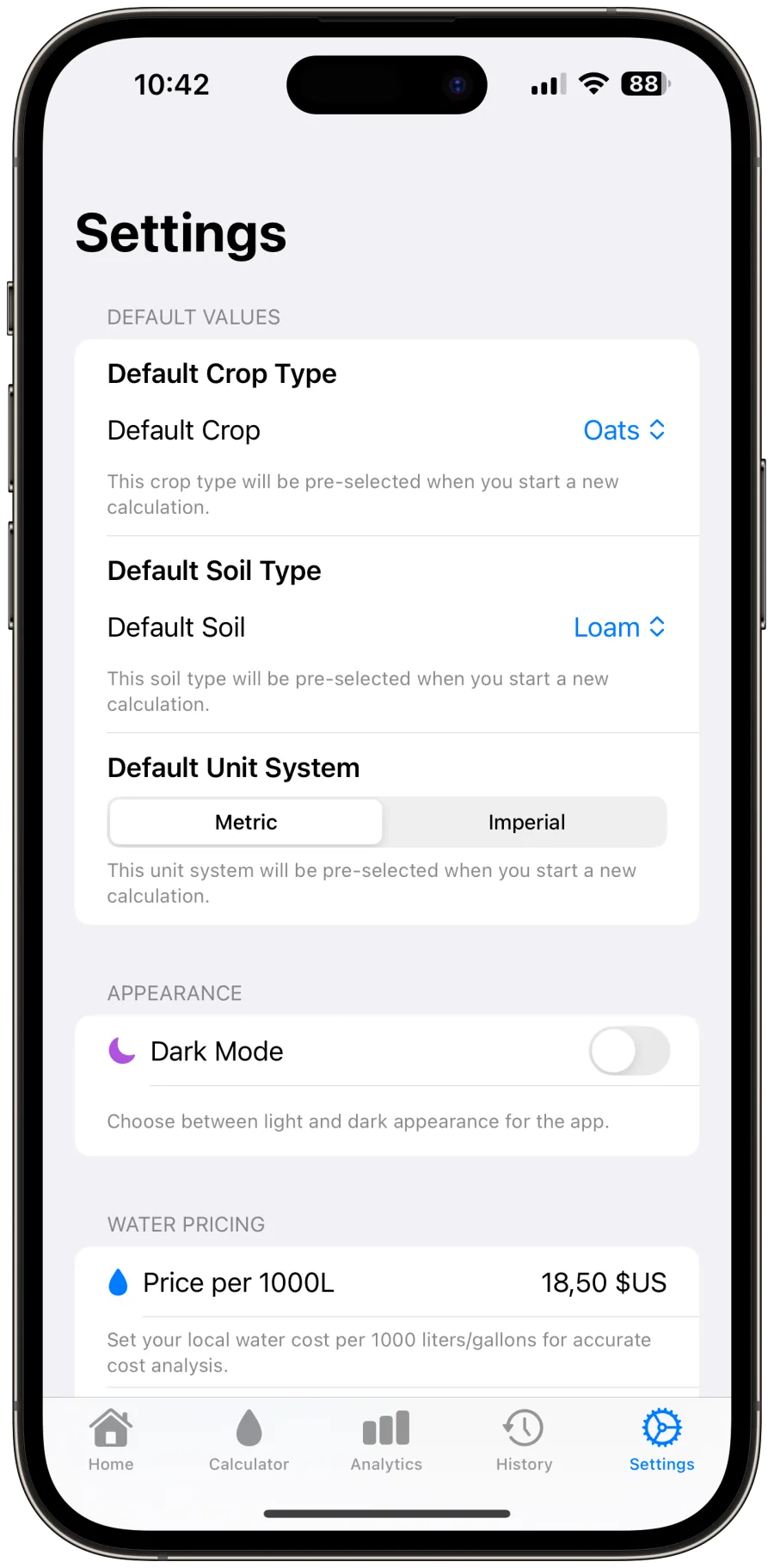 irrigation calculator default settings