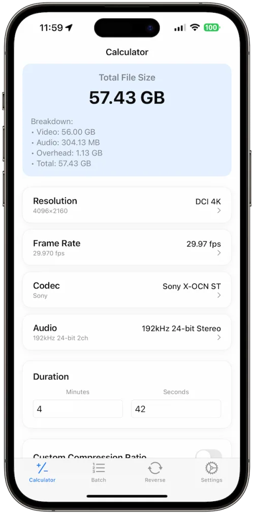 Video Size Calculator Pro interface