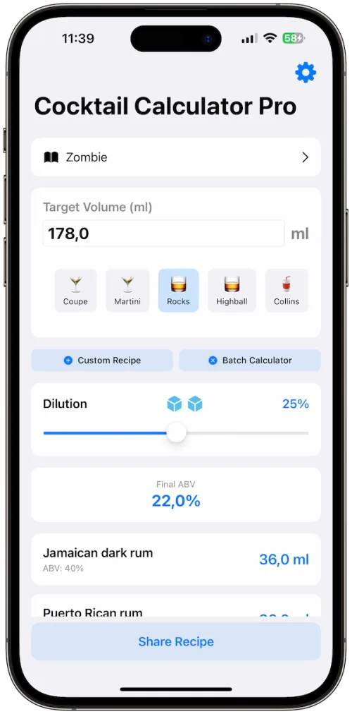 Cocktail calculator pro interface iOS app