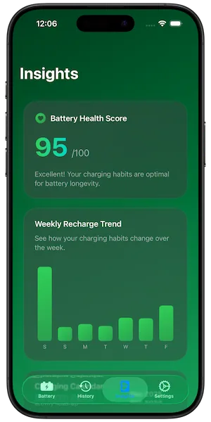 Battery Health Pro showing AI-powered health score with personalized recommendations