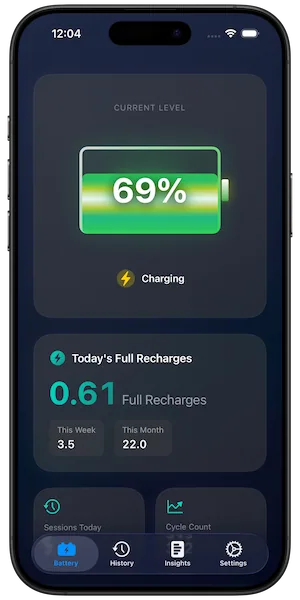 Battery Health Pro app showing 69% battery level with today's full recharge count