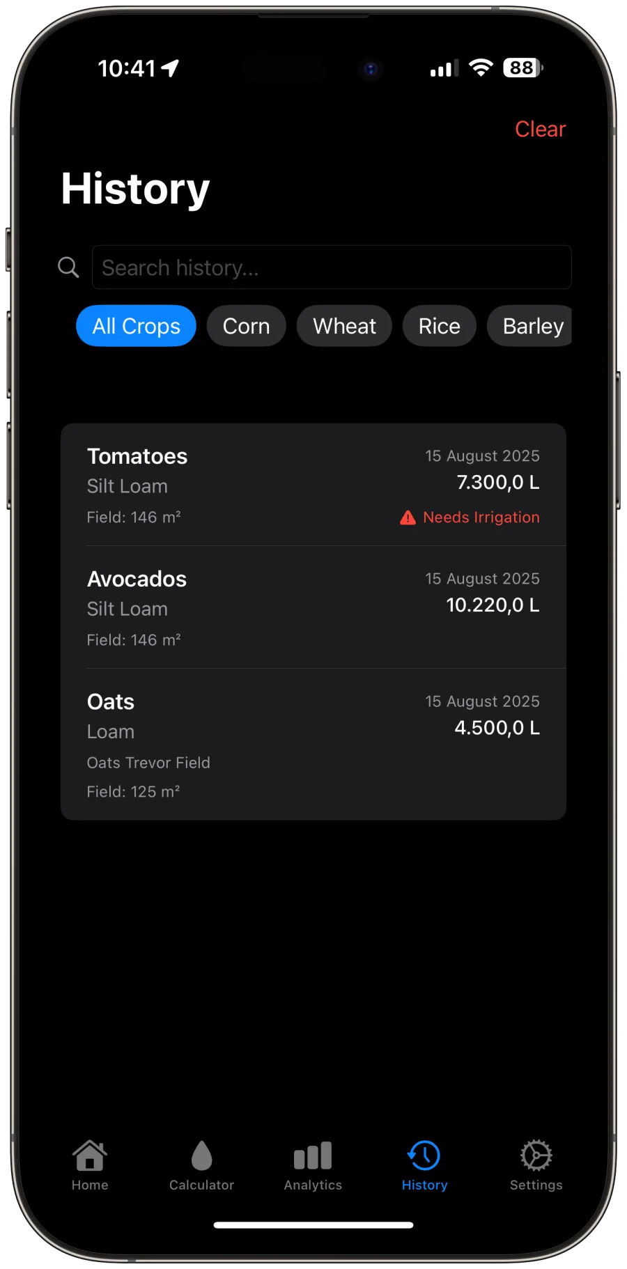 History & Records irrigation calculator