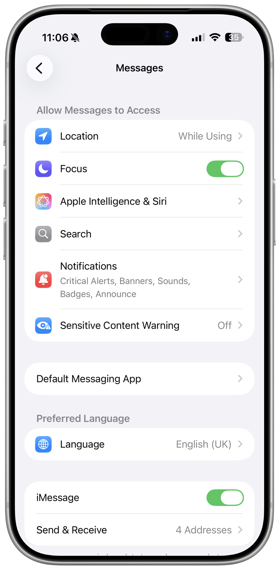 Messages Settings Overview on iOS