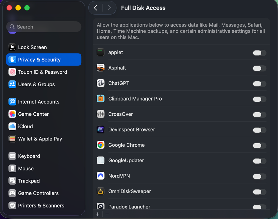 Privacy Full Disk Access in macOS