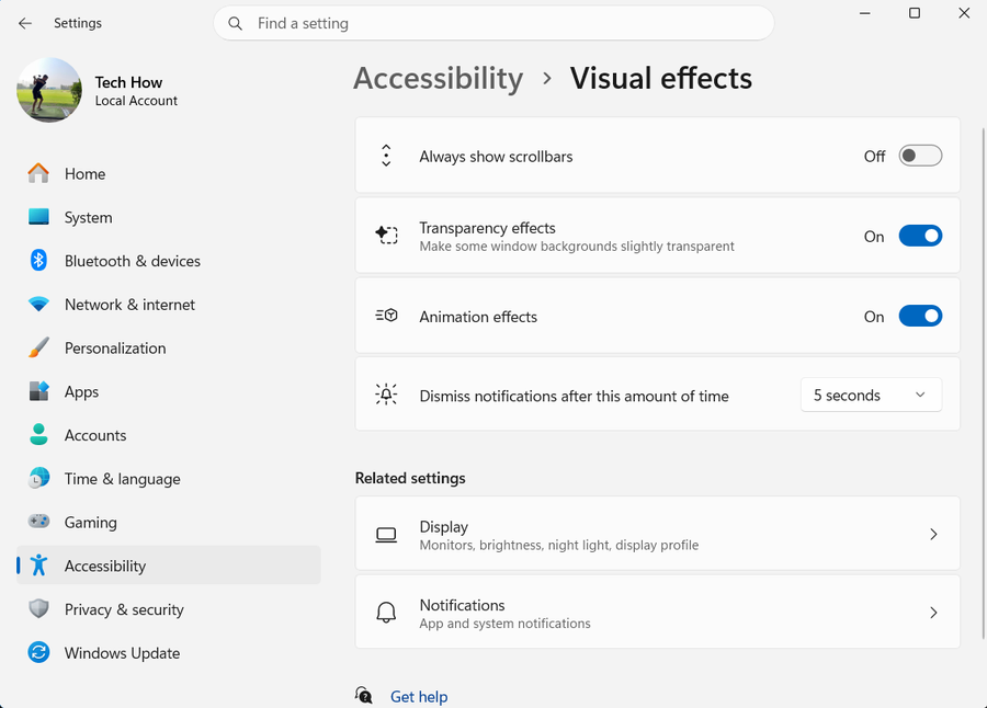 Accessibility Visual Effects on Windows 11
