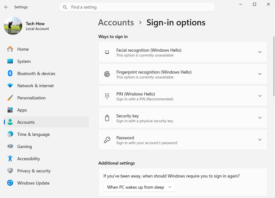 Accounts Sign In Options on Windows 11