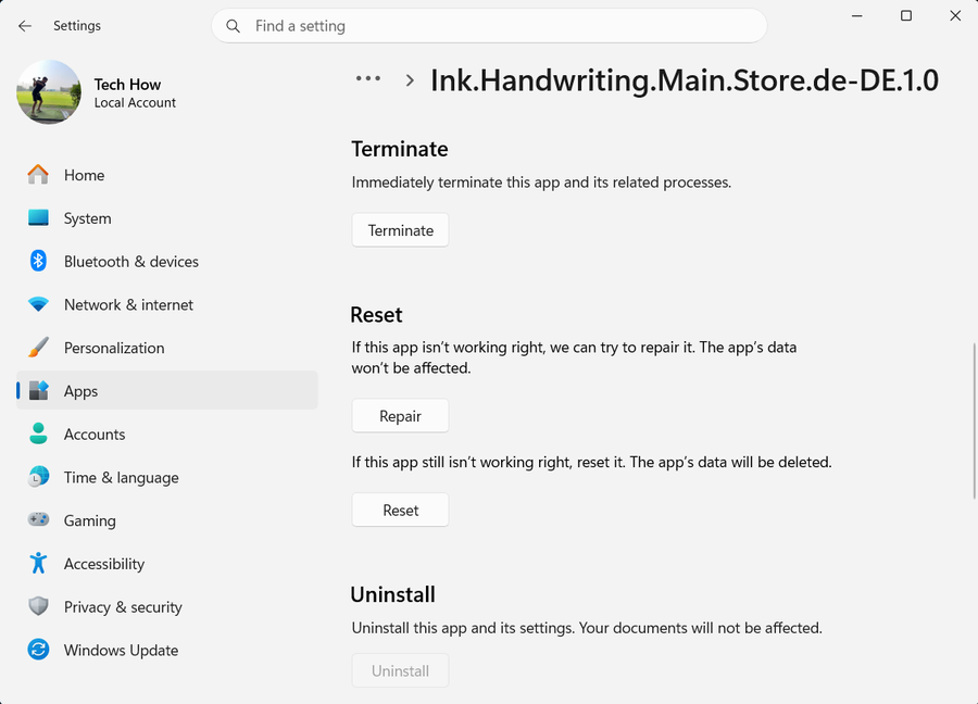 Apps Repair Reset Options on Windows 11