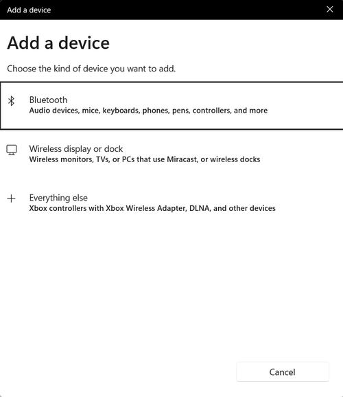 Bluetooth Add Device Dialog on Windows 11