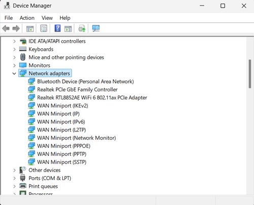 Device Manager Network Adapters on Windows 11