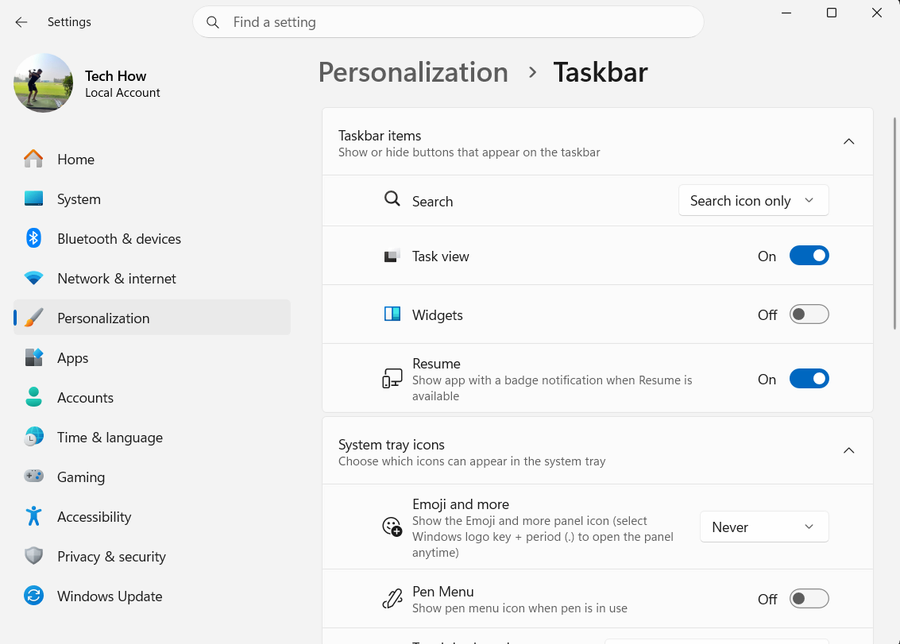 Personalization Taskbar on Windows 11
