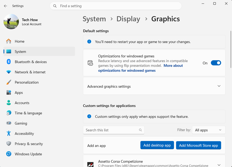 Graphics preference settings in Windows 11