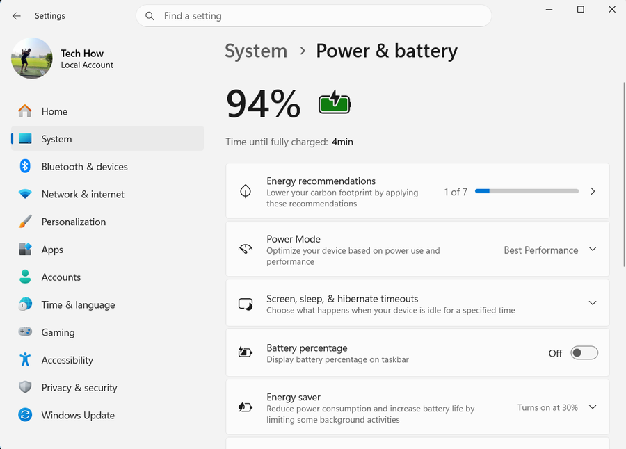 System Power Battery on Windows 11