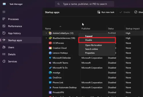 disable startup apps