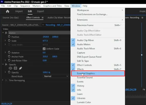 premiere pro essential graphics window