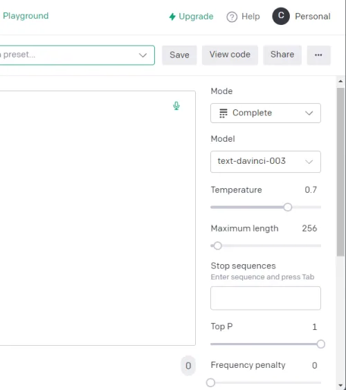 changing the OpenAI Playground settings