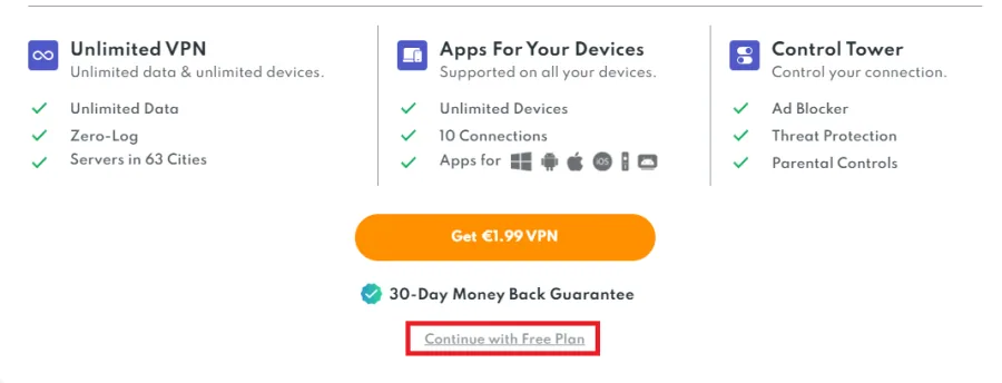 continue with the free VPN plan