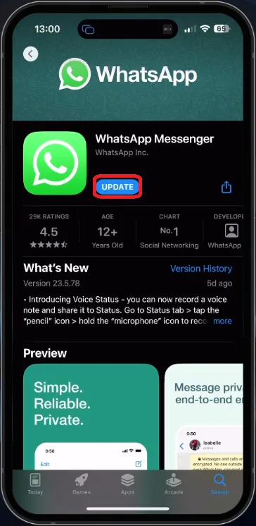 update the WhatsApp application