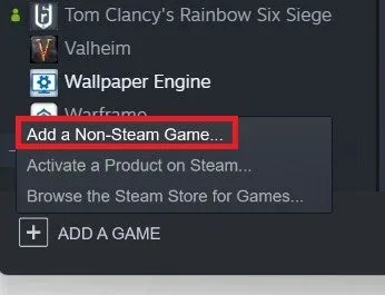 ADD A GAME > Add a Non-Steam Game