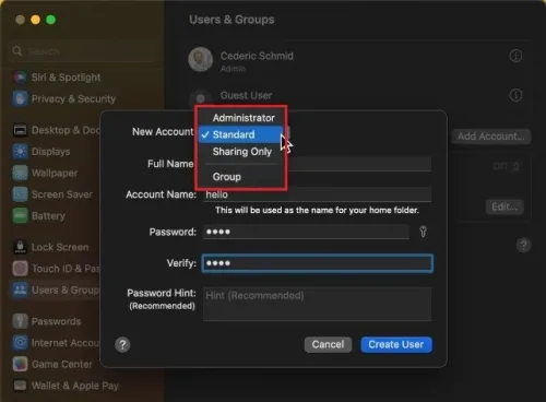 System Settings > Users & Groups > Add Account…