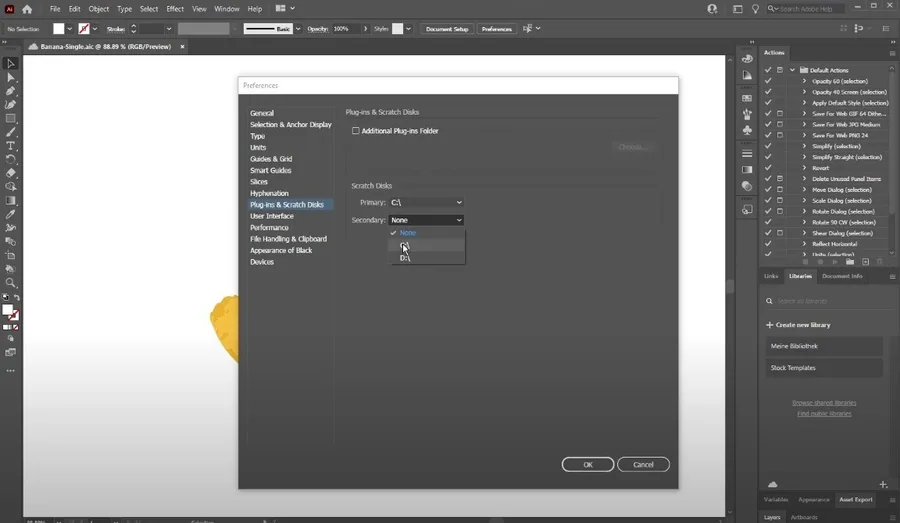 Illustrator > Edit > Preferences > Plug-ins & Scratch Disks > Secondary