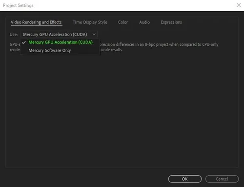 This will allow After Effects to make use of your graphics card to process video and audio.