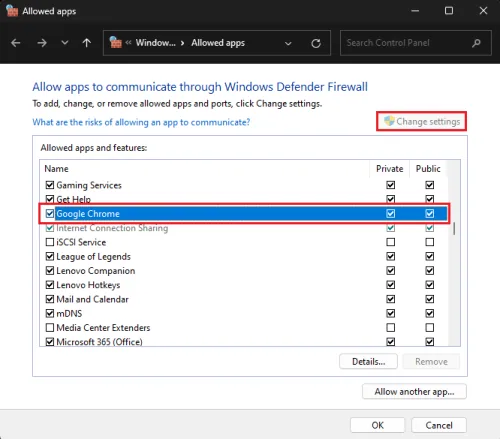 allow google chrome through firewall