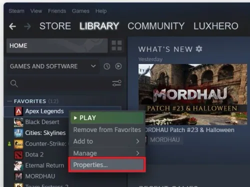 Steam Library > Apex Legends > Properties