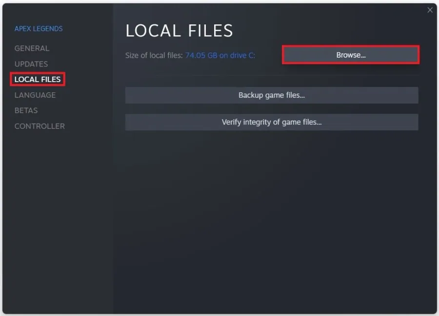 Apex Legends Properties > Local Files > Browse
