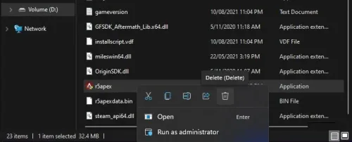 Delete the PAK and r5apex.exe files