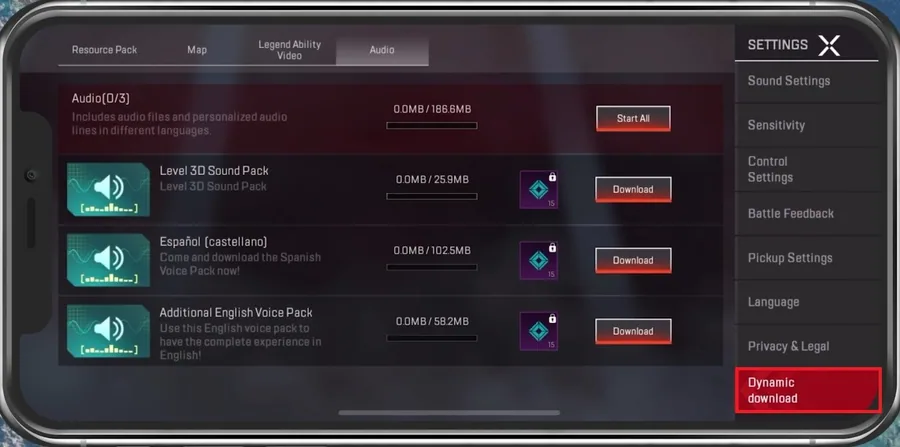 Apex Legends Settings > Audio > Dynamic Download