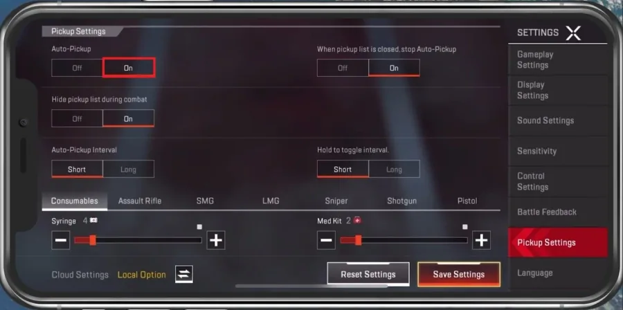 Apex Legends Settings > Pickup Settings
