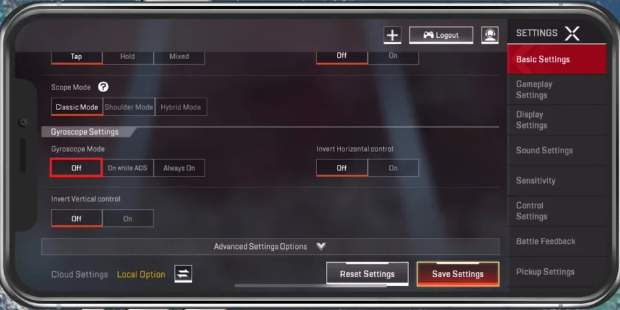 Basic Settings > Gyroscope Settings