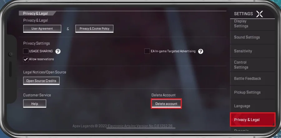 Privacy & Legal Settings > Delete Account