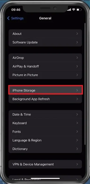 iPhone Settings > General > iPhone Storage