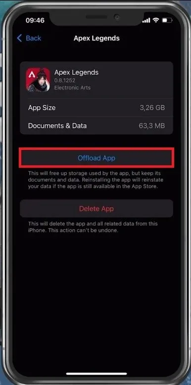 Storage Settings > Apex Legends > Offload App
