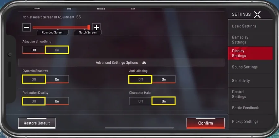 Apex Legends > Display Settings > Advanced