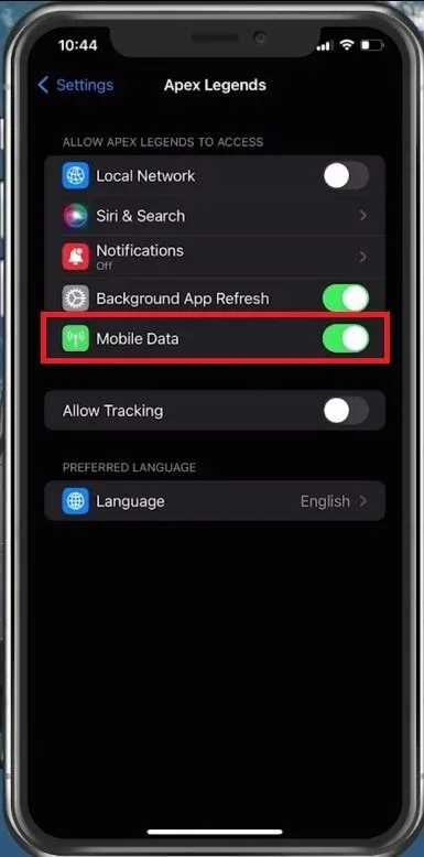 iPhone Settings > Apex Legends > Mobile Data