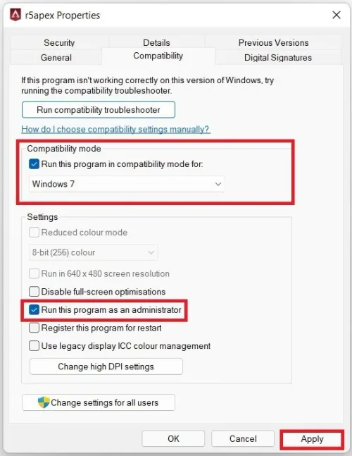 r5apex Properties > Compatibility > Compatibility Mode