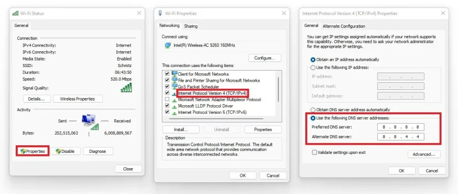 change DNS settings wifi properties