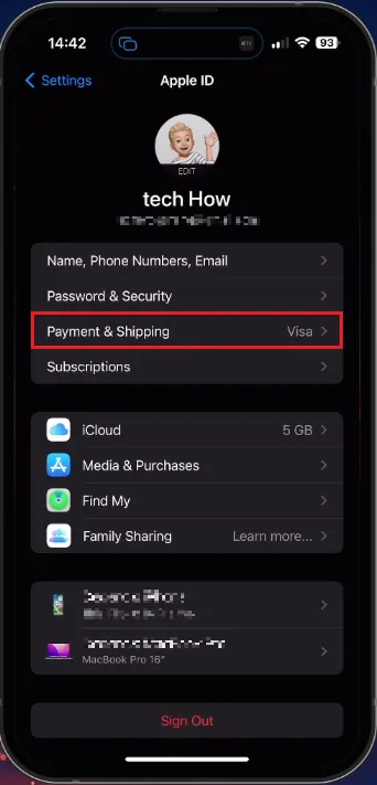 iPhone Settings > Apple ID > Payment & Shipping