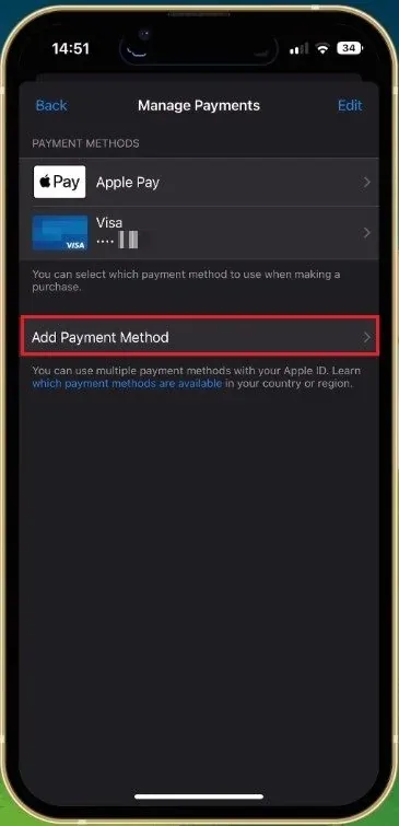 iPhone Settings > Apple ID > Payment & Shipping
