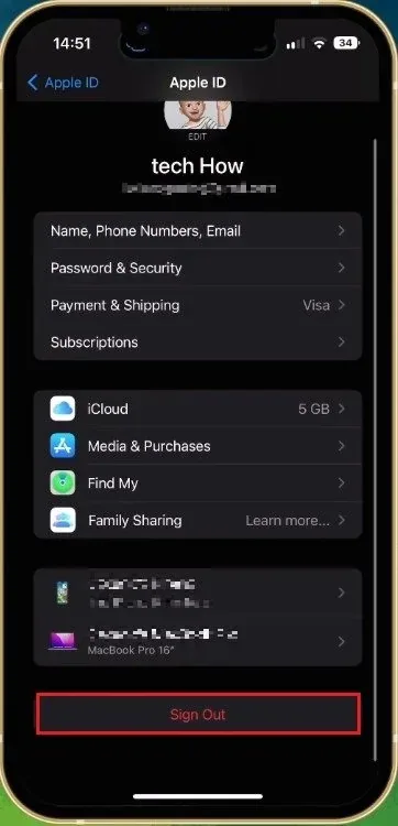 iPhone Settings > Apple ID > Sign Out
