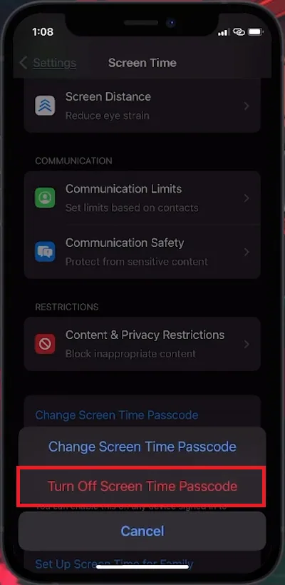 turn off screen time passcode