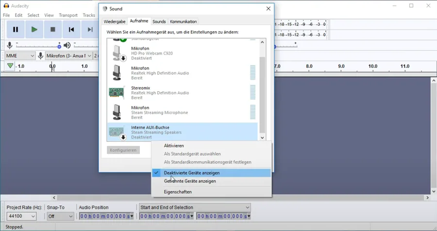 Make sure to enable the option Show disabled devices in your sound settings.