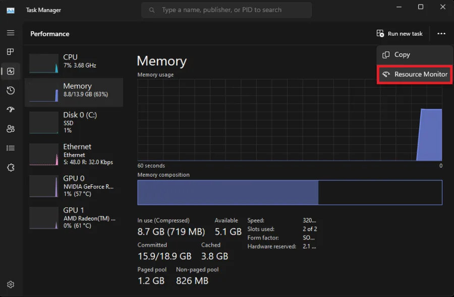Task Manager > Performance > Resource Monitor