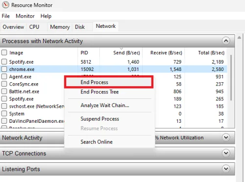 Resource Monitor > Network > Processes with Network Activity