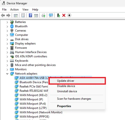Device Manager > Network adapters > Update Driver