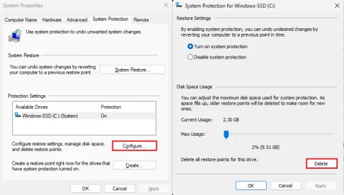 delete system restore point